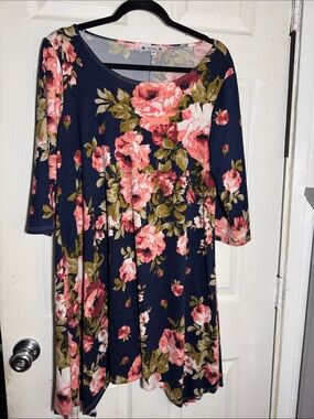 Wildly Floral Scoop-Neck A-Line Dress - Navy with Pink Roses